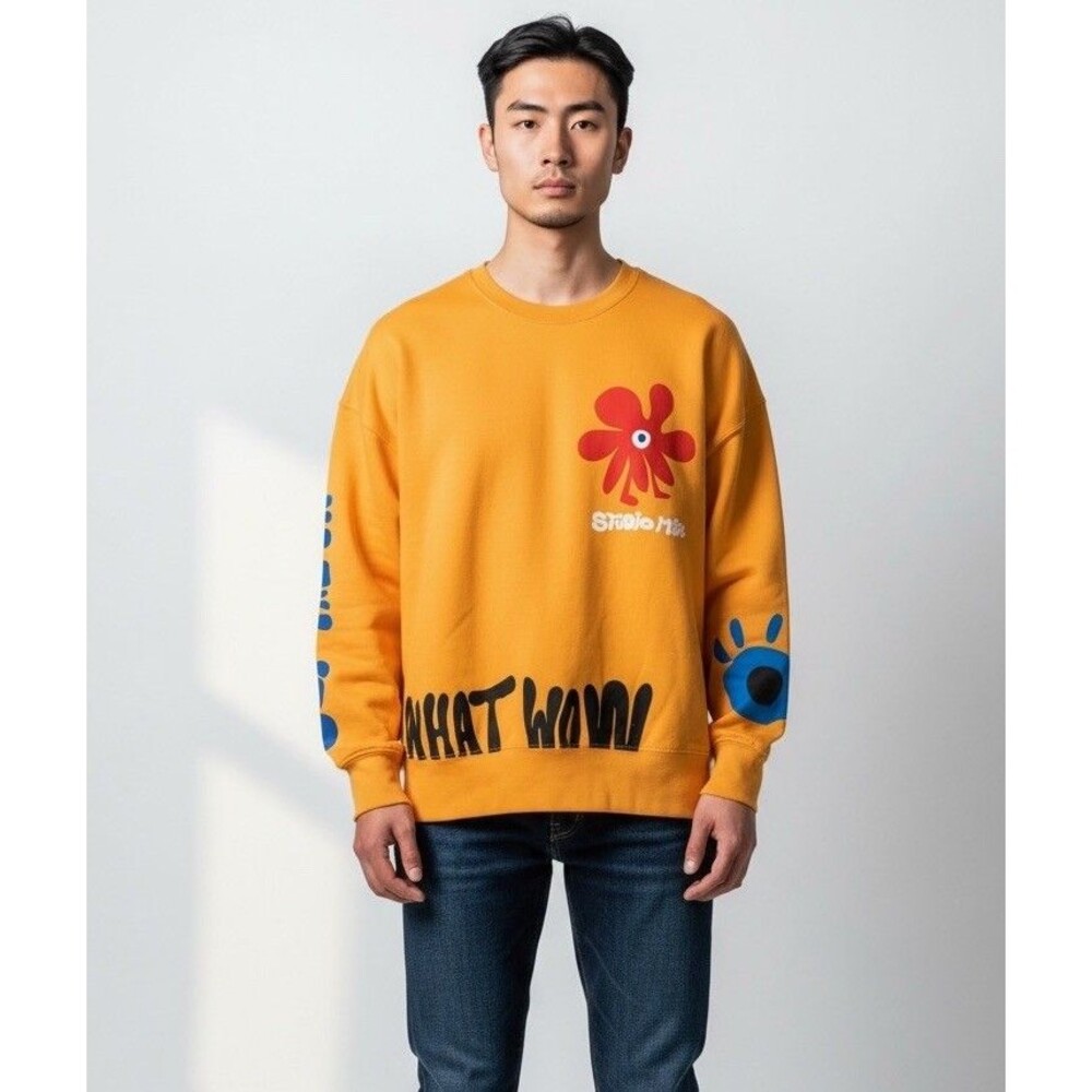 Zara Sweatshirt Studio Mess What Wow Pop Art Evil Eye Men's Small Yellow